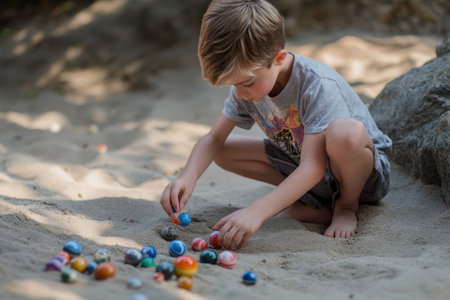 A young boy crouches in the sand, carefully arranging vibrant marbles with focus and joy.の写真素材