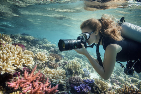 A person with snorkeling gear is focused on photographing colorful corals while submerged underwater.の写真素材