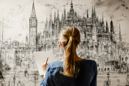 A person captures intricate details of a famous city landmark while surrounded by lively urban activity.の写真素材