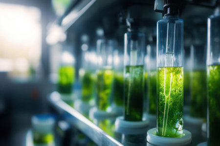 Glass tubes filled with vibrant green algae line shelves in a laboratory focusing on environmental research.の写真素材