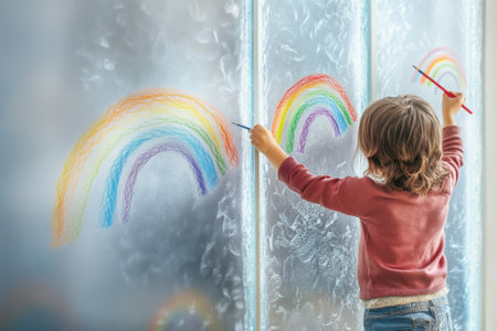 A young child joyfully creates vibrant rainbows on a frosted glass surface in sunny light.の写真素材