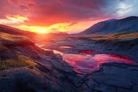 Vibrant sunset casts warm hues over a rugged terrain with shimmering pools of water reflecting the sky.の写真素材