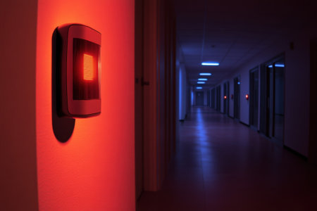 A red emergency light illuminates a quiet corridor filled with closed doors at night.の写真素材
