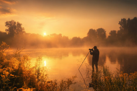 A photographer stands in shallow water, capturing a stunning sunrise over a tranquil lake surrounded by mist.の写真素材