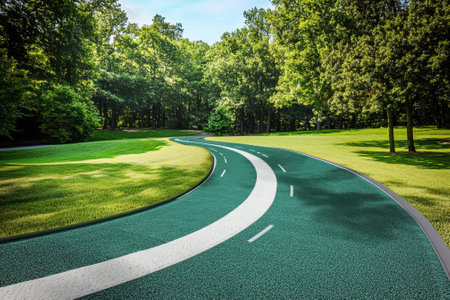 A scenic path curves through vibrant greenery under a clear blue sky, inviting outdoor activity and exploration.の写真素材