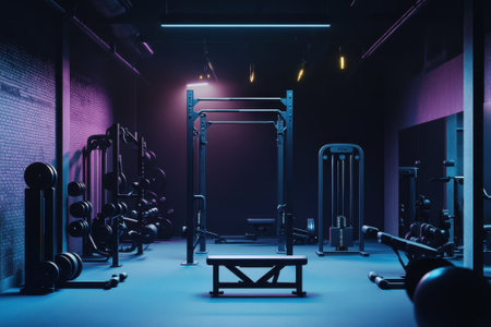 Brightly lit gym showcases various exercise equipment arranged neatly, inviting fitness fans to work out.の写真素材