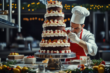 A skilled baker carefully adds finishing touches to an elaborate cake, surrounded by festive decorations.の写真素材