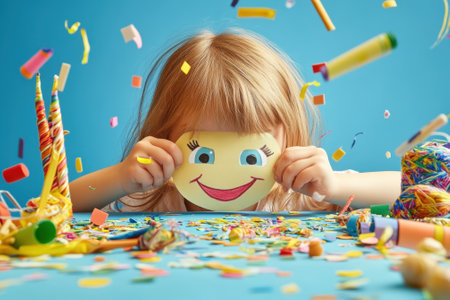 Child joyfully holds a paper smiley face while surrounded by colorful craft supplies and confetti.の写真素材
