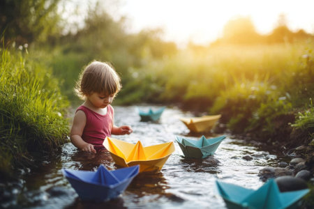 A young child joyfully sends colorful paper boats down a small stream on a sunny day.の写真素材