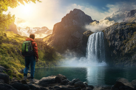 A young hiker stands near a waterfall as the sun sets behind the mountains, creating a serene atmosphere.の写真素材