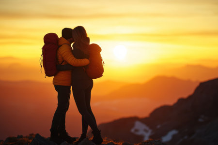 Two hikers share a tender moment against the backdrop of a stunning sunset in the mountains.の写真素材