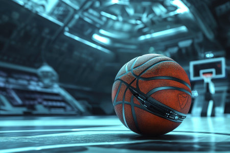 A basketball lies on the court surface with a hoop visible in the dimly lit arena, creating an exciting atmosphere.の写真素材