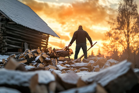 A person prepares firewood outside a cabin as the sun sets, casting warm colors over the snowy landscape.の写真素材