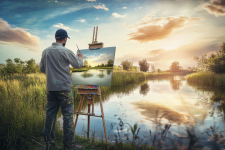 A person paints a tranquil riverscape on an easel as the sun sets, reflecting warm colors on the water.の写真素材