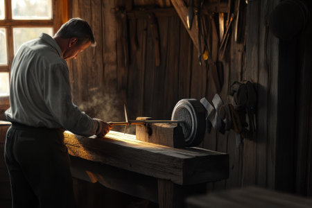 A craftsman works diligently, shaping wood at a well-worn bench in a sunlit workshop filled with tools.の写真素材