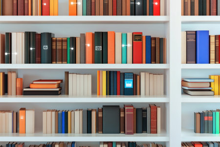 A collection of various books arranged on white shelves, showing various colors and sizes, in a cozy environment.の写真素材