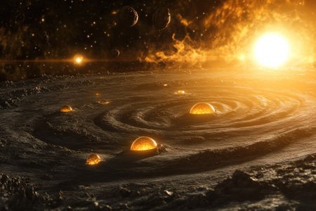 A mesmerizing view of a distant star system showing swirling cosmic dust and glowing orbs under a radiant sun.の写真素材