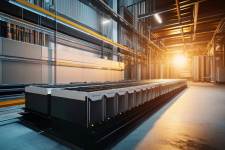 Rows of advanced battery modules are arranged in an industrial space, illuminated by warm sunset light.の写真素材