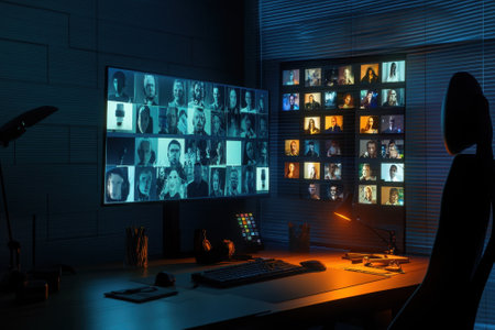 Multiple faces are displayed on screens in a dimly lit workspace, highlighting virtual interactions at night.の写真素材
