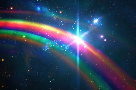 Colorful rainbow bands curve through a deep space backdrop illuminated by distant stars and cosmic clouds.の写真素材