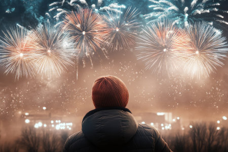 A person watches colorful fireworks explode in the night sky on New Year's Eve, celebrating with joy and wonder.の写真素材