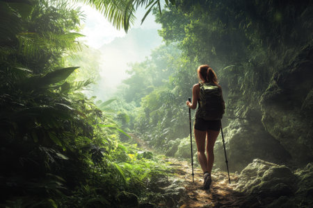 A person is hiking on a narrow trail in a lush tropical forest, surrounded by vibrant greenery and soft morning light.の写真素材