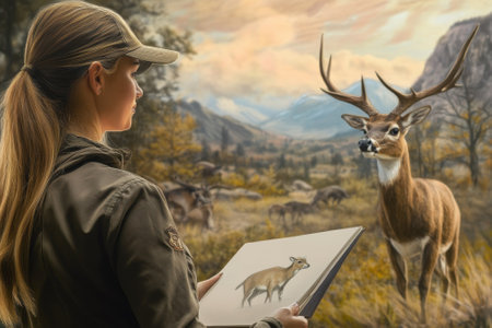 A woman skillfully captures a deer on canvas while surrounded by a beautiful wildlife backdrop.の写真素材