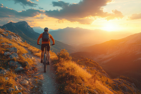 A cyclist rides along a winding trail while enjoying the breathtaking sunset over the mountains.の写真素材