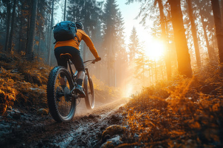 A cyclist rides through a secluded forest path enveloped in morning mist with sunlight filtering through trees.の写真素材