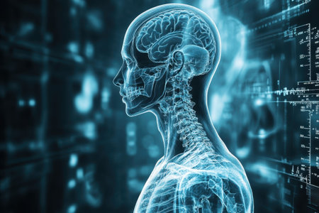 A detailed view of a human skeleton and brain in profile, surrounded by a futuristic digital backdrop.の写真素材