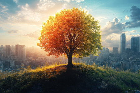 A solitary tree with colorful autumn leaves towers over a city, basking in the warm glow of sunset.の写真素材