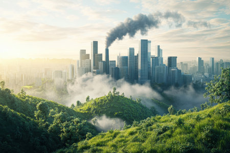 Skyscrapers tower over green hills, shrouded in mist, with smoke billowing from buildings at sunrise.の写真素材