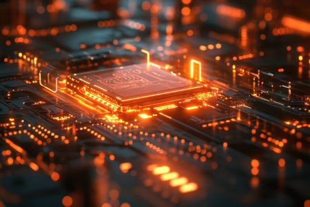 A vibrant microprocessor illuminates a circuit board, showing intricate electronic components during twilight.の写真素材