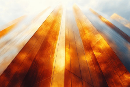 Sunlight reflects off tall glass buildings, creating a striking golden glow against the cloudy atmosphere.の写真素材