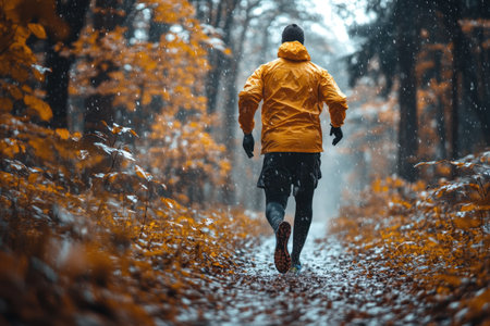 A person wearing a yellow jacket runs along a forest path surrounded by vibrant autumn foliage and rain.の写真素材