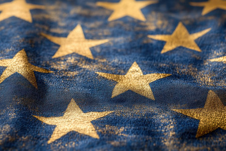 Golden stars are prominently displayed on a blue fabric showing European unity and symbolism.の写真素材