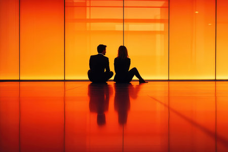 Two individuals sit side by side, basking in the warm glow of an orange wall, reflecting on life.の写真素材