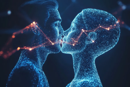 Two human figures face each other, sharing a kiss, surrounded by radiant digital energy and light trails.の写真素材