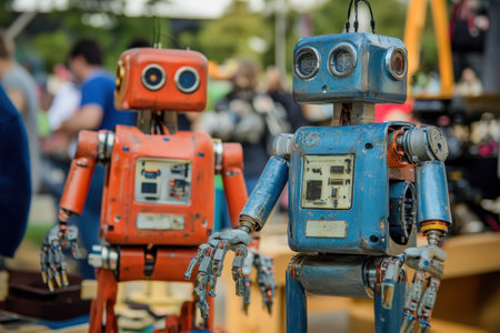 Two colorful vintage robot replicas stand side by side at an outdoor crafts fair, drawing attention.の写真素材