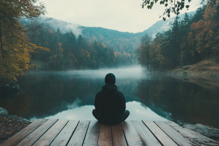 A person sits cross-legged on a wooden dock, meditating peacefully by a tranquil lake in autumn.の写真素材