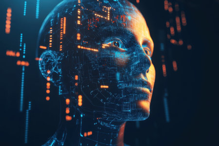 An intricate digital representation of a human face illuminated by vibrant circuitry and data lines at night.の写真素材