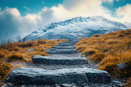 A winding stone pathway ascends toward a mountain peak covered in snow, surrounded by grassy terrain and clouds.の写真素材