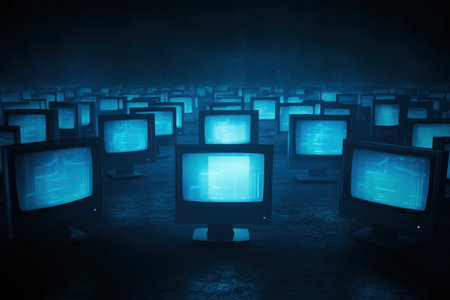 Numerous vintage computer monitors are arranged in rows, flickering blue screens, illuminated in a dark space.の写真素材