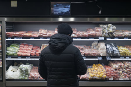 A person wearing a black coat examines various meats and produce in a grocery store late at night.の写真素材