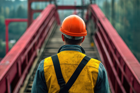 A construction worker in a hard hat and safety vest overlooks a building site from an elevated platform.の写真素材