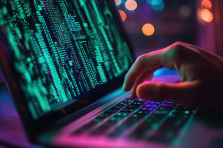 A person interacts with a laptop displaying vibrant code while surrounded by colorful lights in the evening.の写真素材