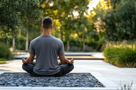 Relaxation and mindfulness are practiced by an individual in a peaceful outdoor garden at sunset.の写真素材