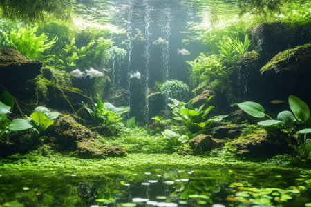 Beneath the water's surface, a lively underwater garden flourishes with various plants and playful fish.の写真素材