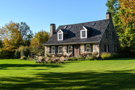 A charming stone house surrounded by colorful trees and a well-kept lawn on a sunny autumn day.の写真素材