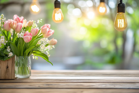 A vibrant bouquet of pink tulips and white flowers sits on a rustic wooden table, illuminated by hanging lights.の写真素材